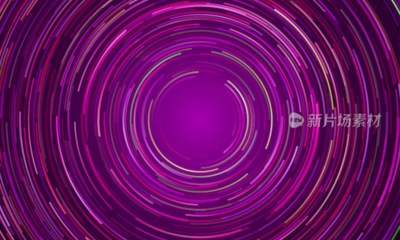 Circular geometric vortex background of neon blue and purple light. Vector space galaxy swirl in slow motion effect background